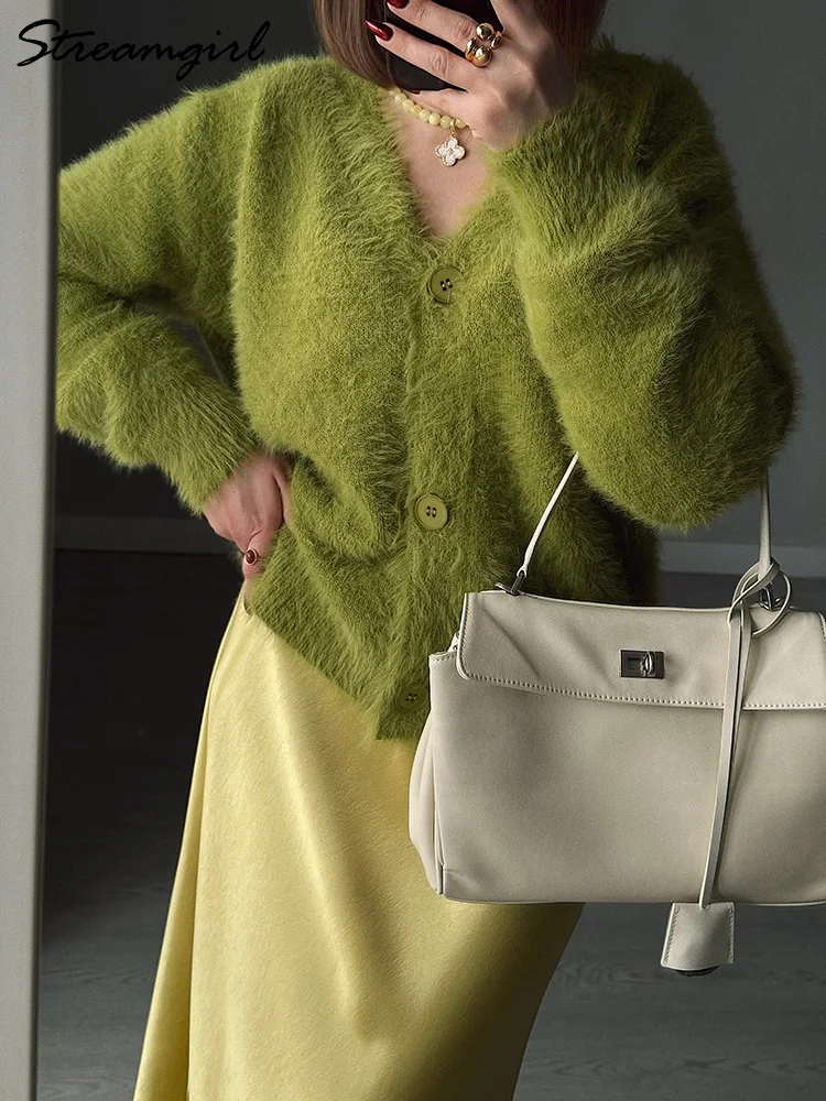 

Streamgirl Oversized Imitation Mink Cardigans Women Warm Knitted Jackets Soft Long Sleeve Cardigan Green Knitted Ladies Spring