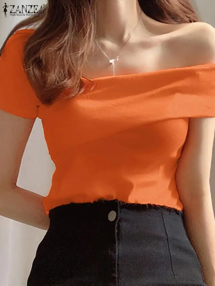 

2023 ZANZEA Summer Korean Fashion Slim Blouse Woman Raglan Sleeve Skew Collar Shirt Vintage Sexy Blouses Casual Party Chemise