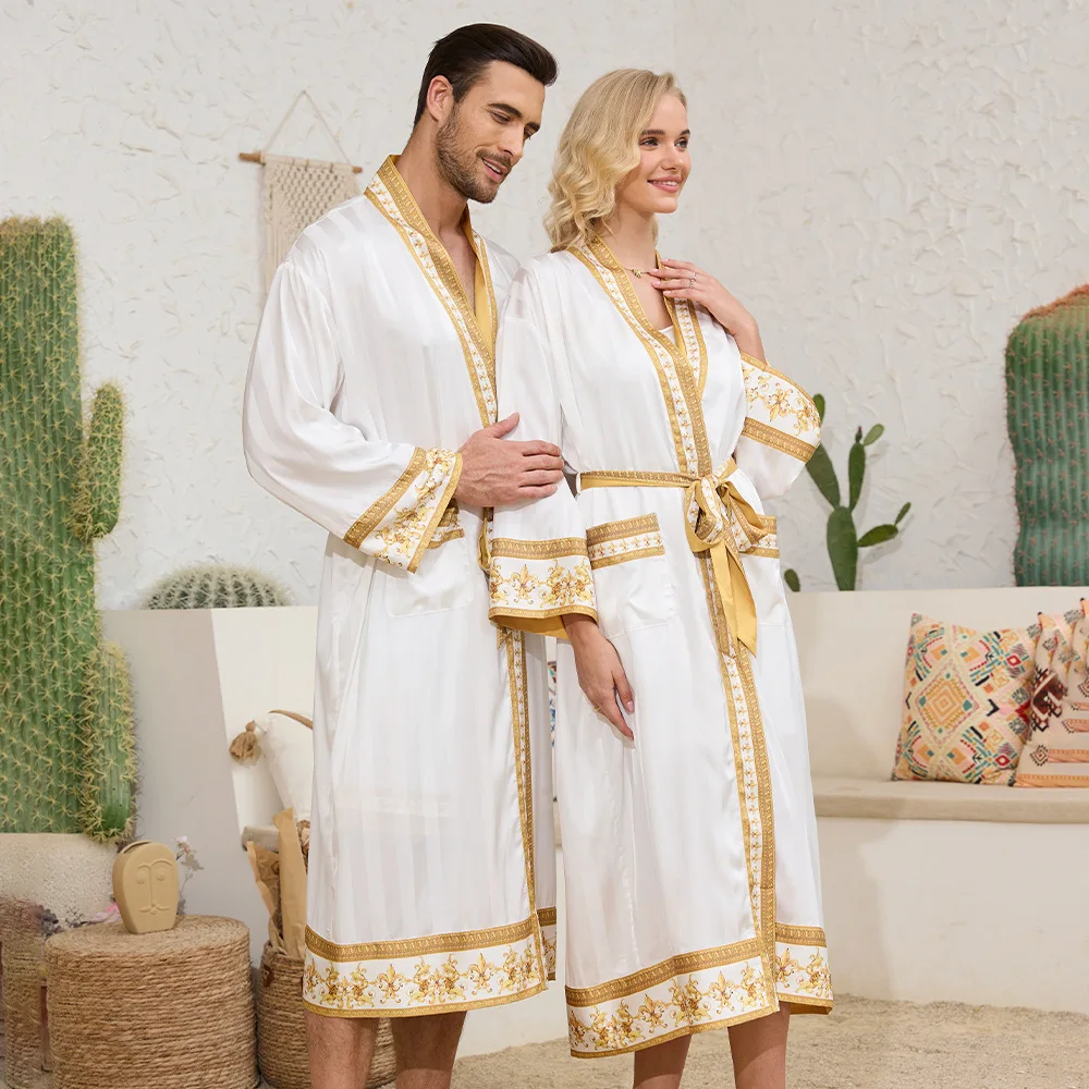 Couple Ethnic Style Shower Robes Femme Satin Kimono Women Print Luxury Nightwear Sleepwear Home Clothing