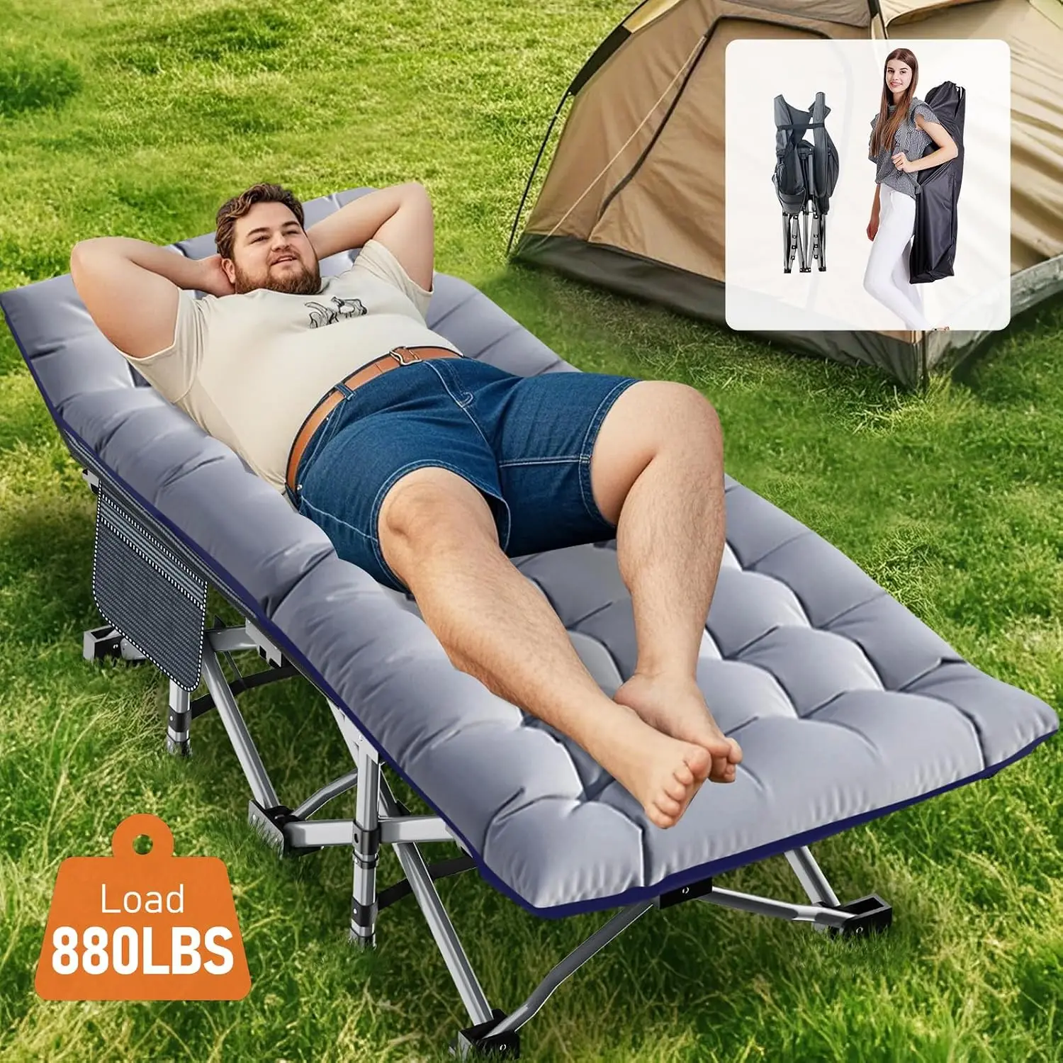 Folding Camping Cot for Adults with Pad, Padded Portable Sleeping Cots, Camp Bed with Carry Bag for Outdoor Travel, Customized
