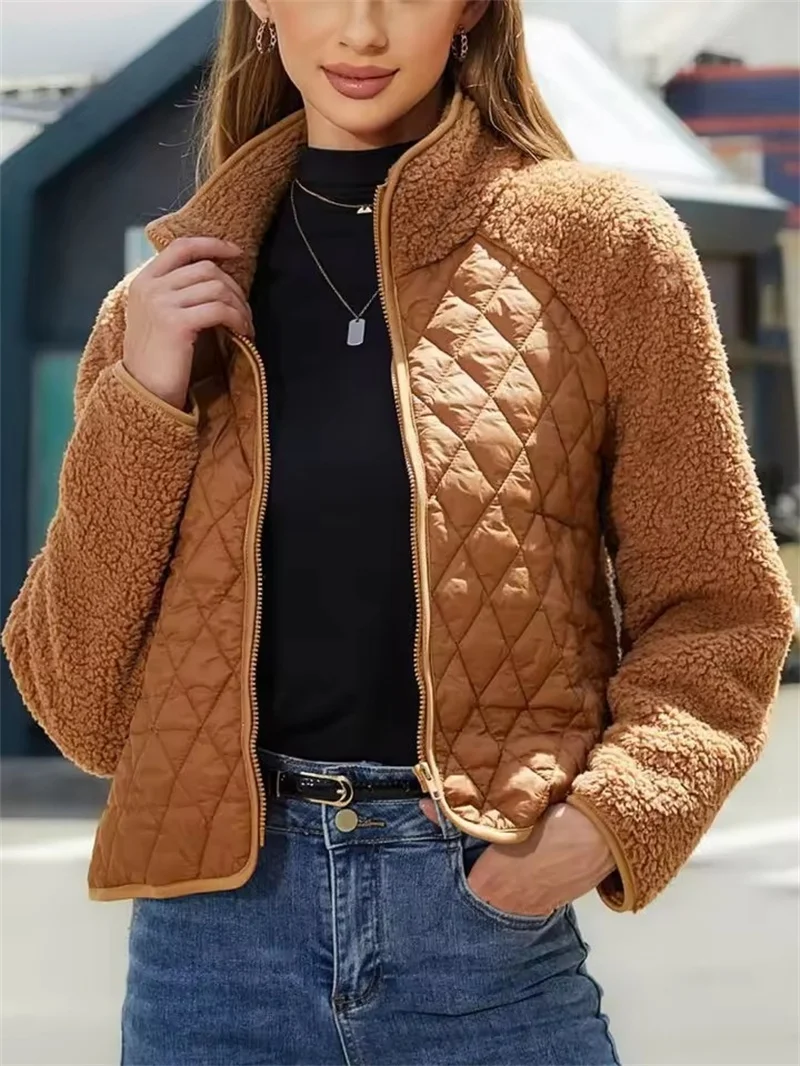 

Patchwork Plush Quilted Jacket Women Autumn Winter Lightweight Cardigan Short Cotton Padded Coat Warm Long Sleeve Zipper Outwea