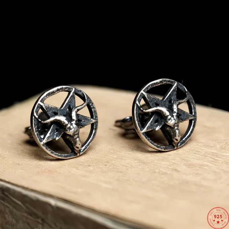 

NEW S925 Sterling Silver Charms Stud Earrings for Women Ancient Sheepshead Five-pointed Stars Ear Stud Punk Fine Choice Jewelry