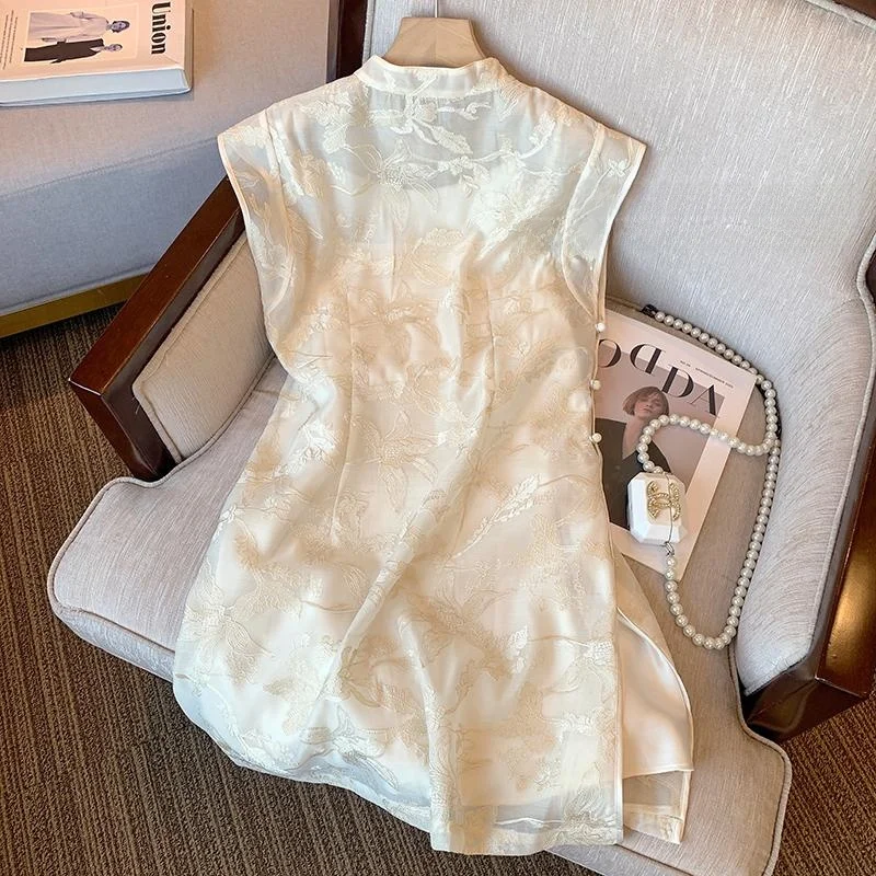 Elegant Summer New Chinese Style Button Embroidered Sleeveless Improved  Dress Women's Slimming Short Skirt view 2