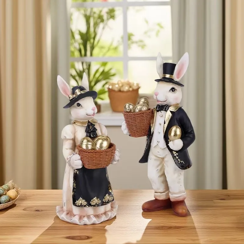 

Redeco Vintage Golden Egg Basket Easter Bunny Figure Set Ornament Resin Bunny Figurine Animal Figurines Gift Home Decoration