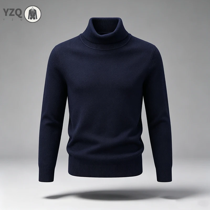 Male Warm Knitted Pullover Full Turtleneck Style Lightweight Soft Knit Fabric Long Sleeve Tops For Office And Daily Outfit