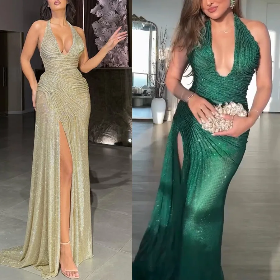 Spring Autumn New Sequined Hanging Neck Slit Dress Party Stretch Long Dress Women Formal Dress Women Elegant Vestidos Dorados