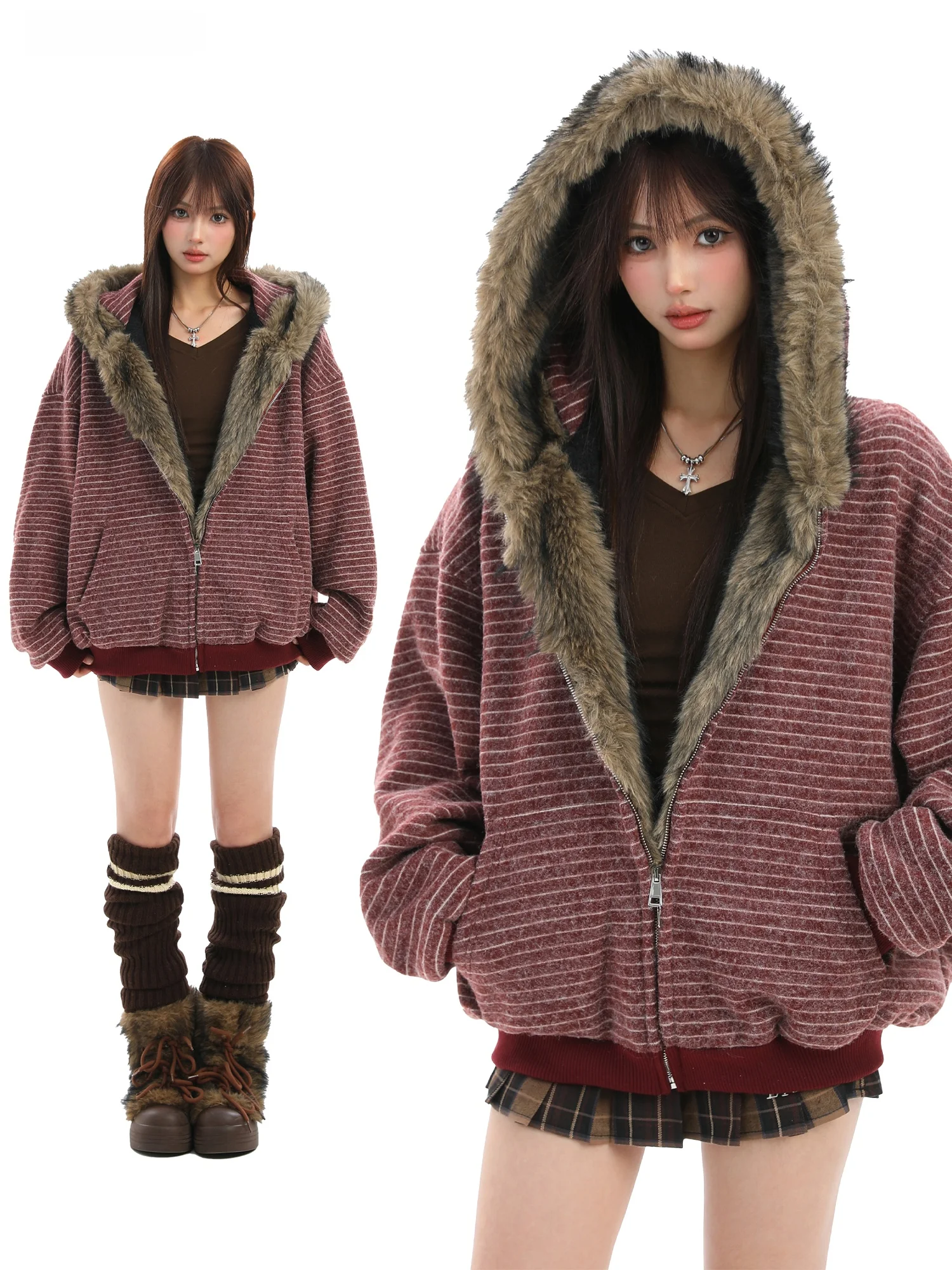 

Thiened Hooded Cotton Jaet Women's Winter Warm Plu Coat American Stripe Sle Street Sport Casual Loose Fit Zipper