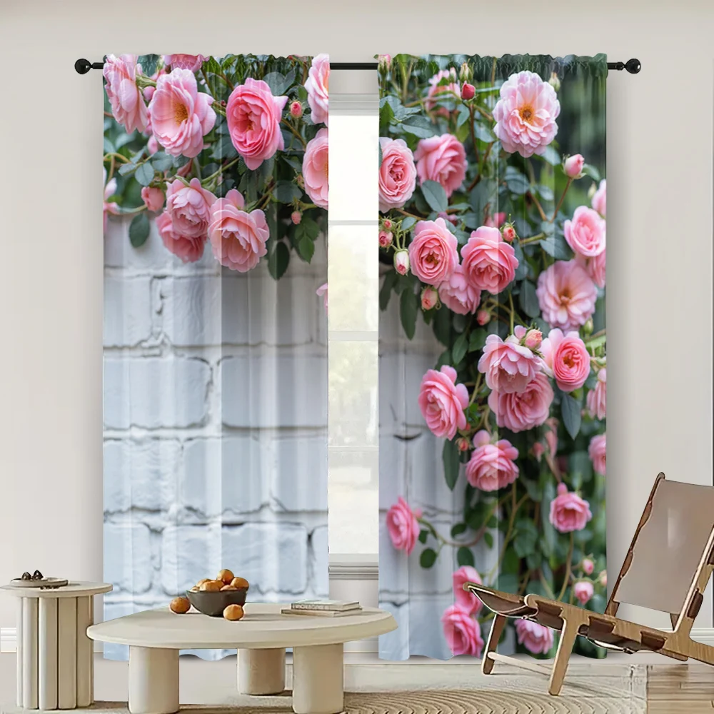 2pc,  Drapes Luxurious pink roses and brick walls Blackout  Polyester Birthday Party for Parties and Everyday Decor, Easy Hang