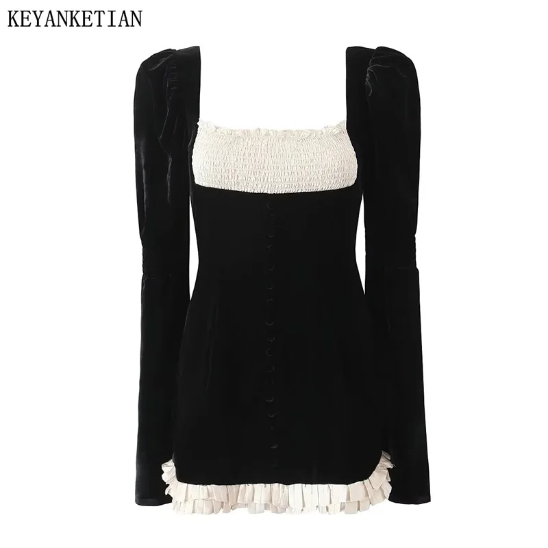 KEYANKETIAN New Launch Women's Patchwork Embellished Velvet Dresses Gothic Hot sweet Slim Black Puff Sleeve Hip Wrap Mini Skirt