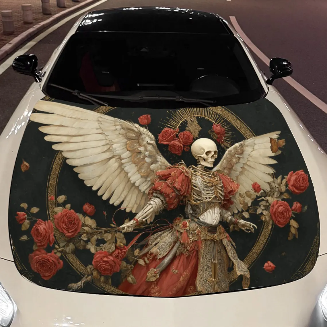Skeleton Knight Rose Car Hood Vinyl Stickers Car Surface Protection Decal Car Decoration Cover Vinyl Wraps Waterproof Self-adhes