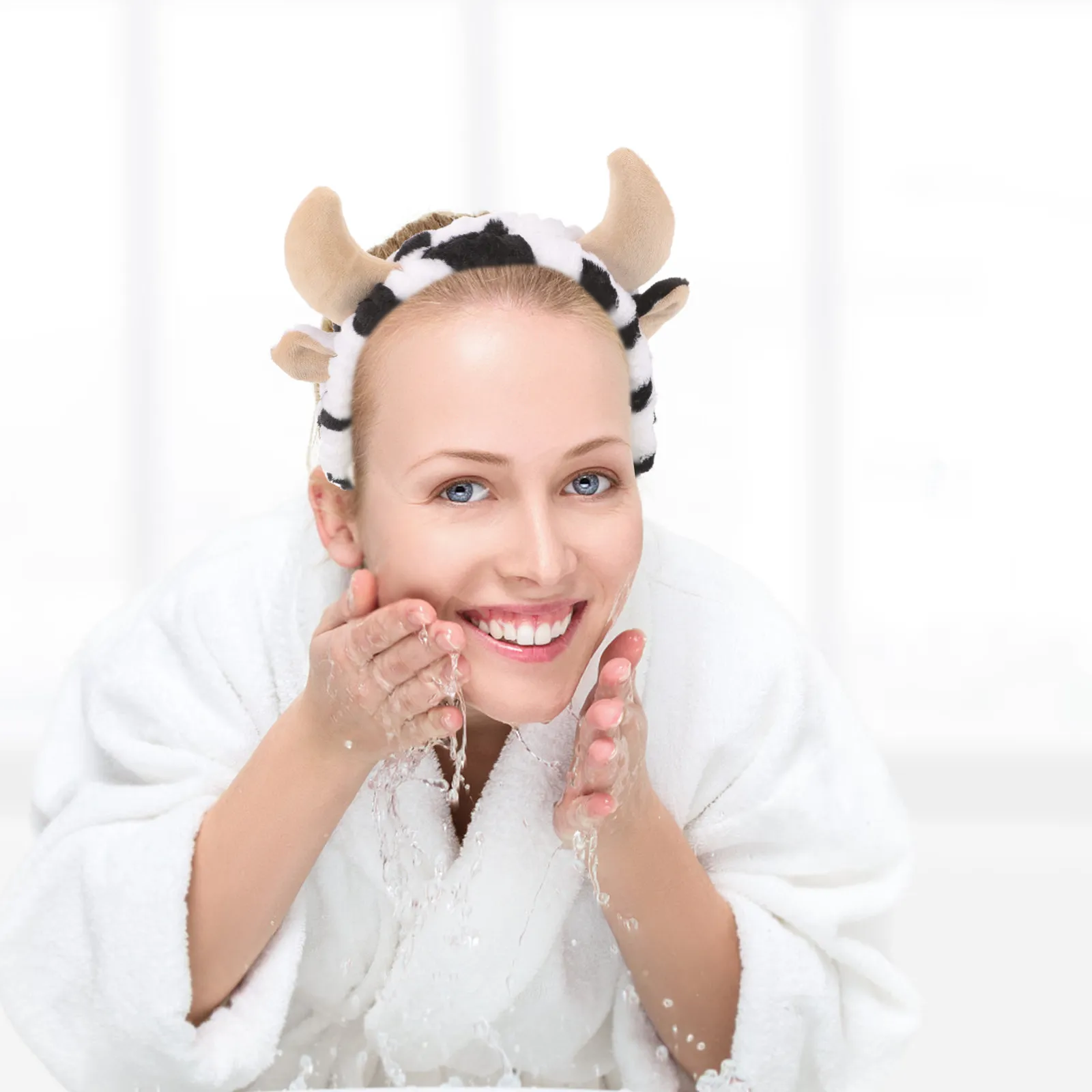 Cow Pattern Makeup Headband Soft Stretchy Cow Ears Horn Face Washing Hairband for Skin Care Women Spa Hair Accessory