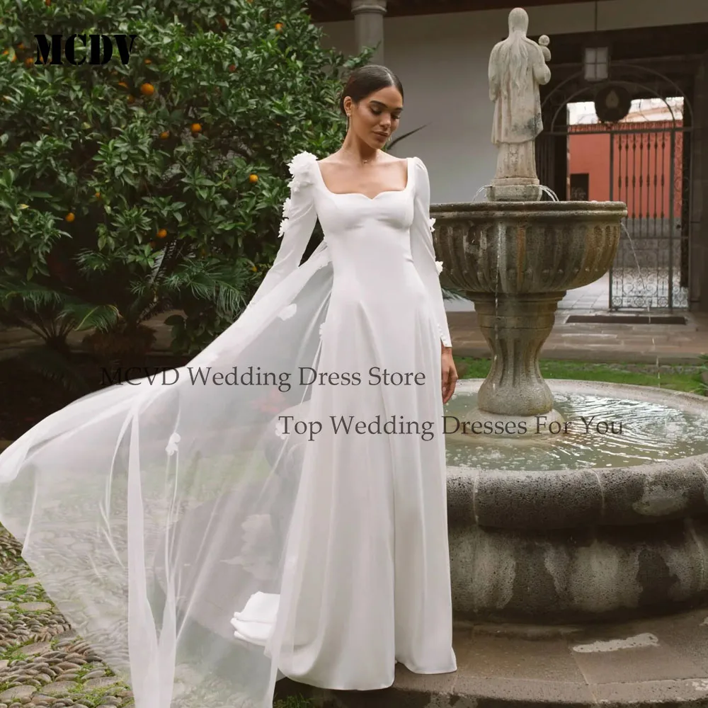 

MCDV Flowers Wedding Dresses 2025 Full Sleeve Sweetheart Backless A-Line Bride Gowns Elegant Satin vestidos de novia Customized