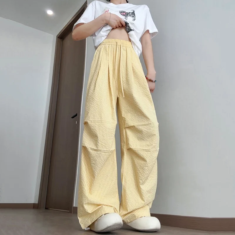 Summer Thin Parachute Wide Leg Pants Women Casual Elastic Waist Quick Drying Sweatpants Woman Drawstring Pleated Baggy Pants