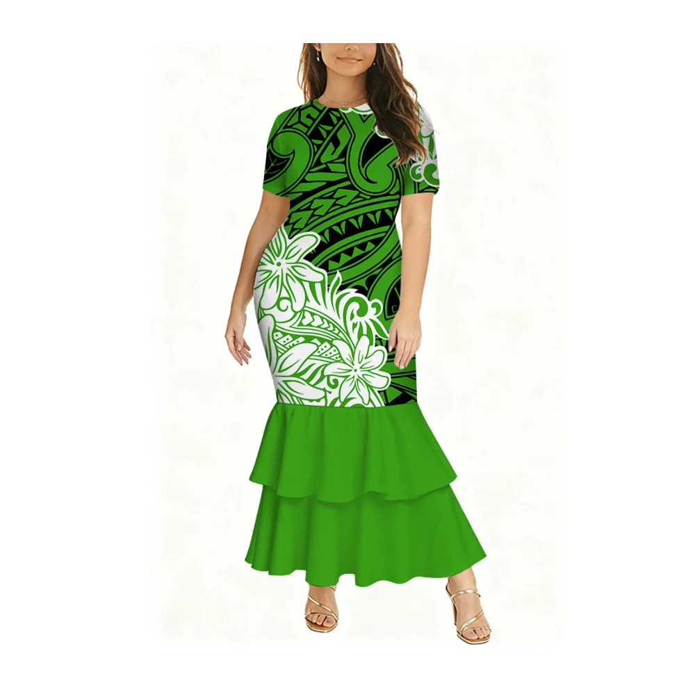 Summer Polynesian Ladies' Round-Neck Short-Sleeved Fitted Fishtail Dress Is Elegant And Stylish Casual Evening Gown