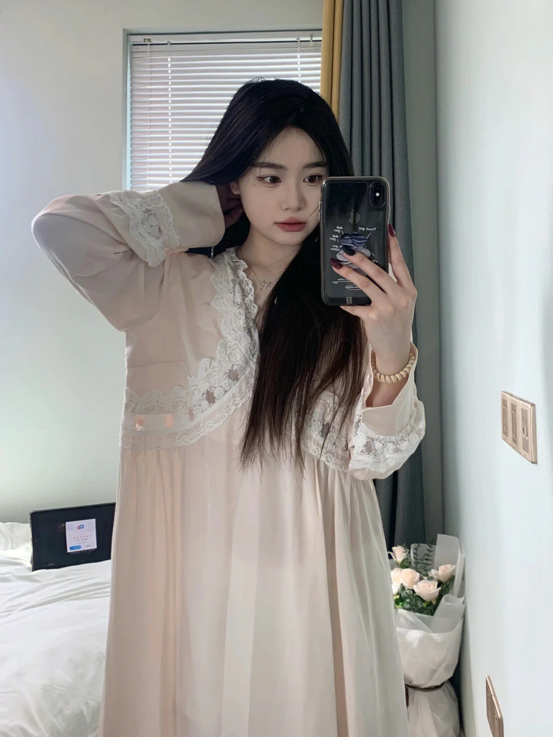 Court Style Nightdress Sleepwear Long Sleeve Ice Silk Pajamas Female Spring and Autumn Princess Lace Nightgowns