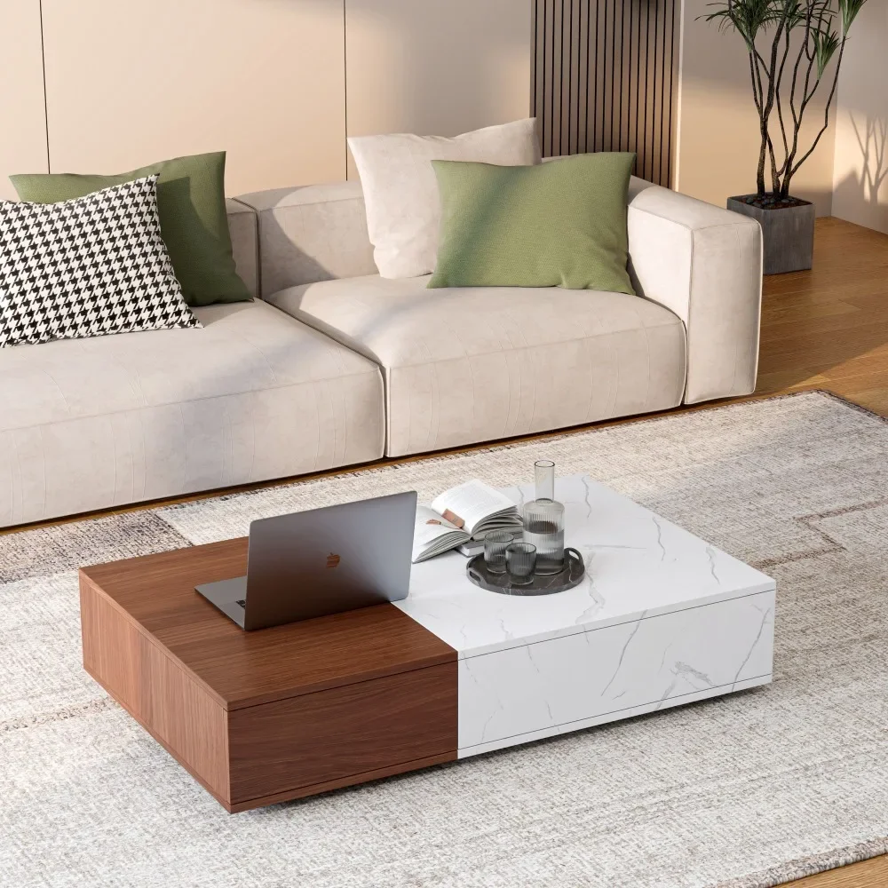 Modern Style Walnut Coffee Table with Two Storage Spaces，Marble Finish Two Color Patchwork Design