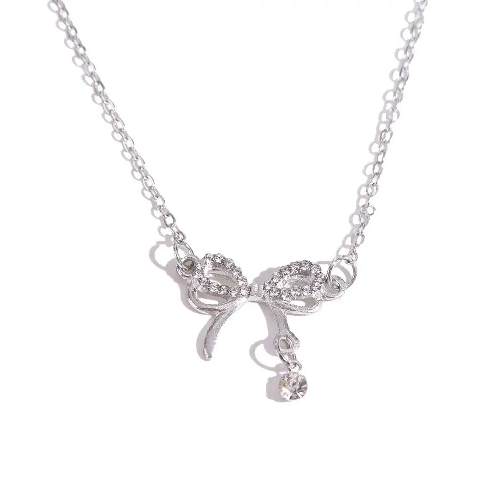 سلسلة الترقوة الفضة Bowknot قلادة الحب القلب قلادة مجوهرات اكسسوارات القوس قلادة قلادة حجر الراين المختنق #2