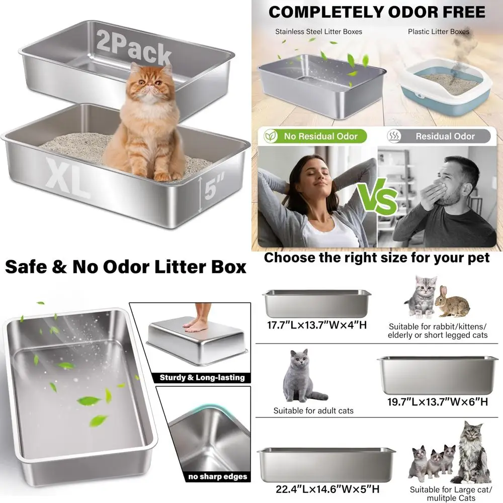 

Очень большие металлические лотки для кошачьих туалетов для кошек XL, легко очищаемые антипригарные лотки для кошачьих туалетов без запаха для нескольких кошек, идеально подходят для больших Fe