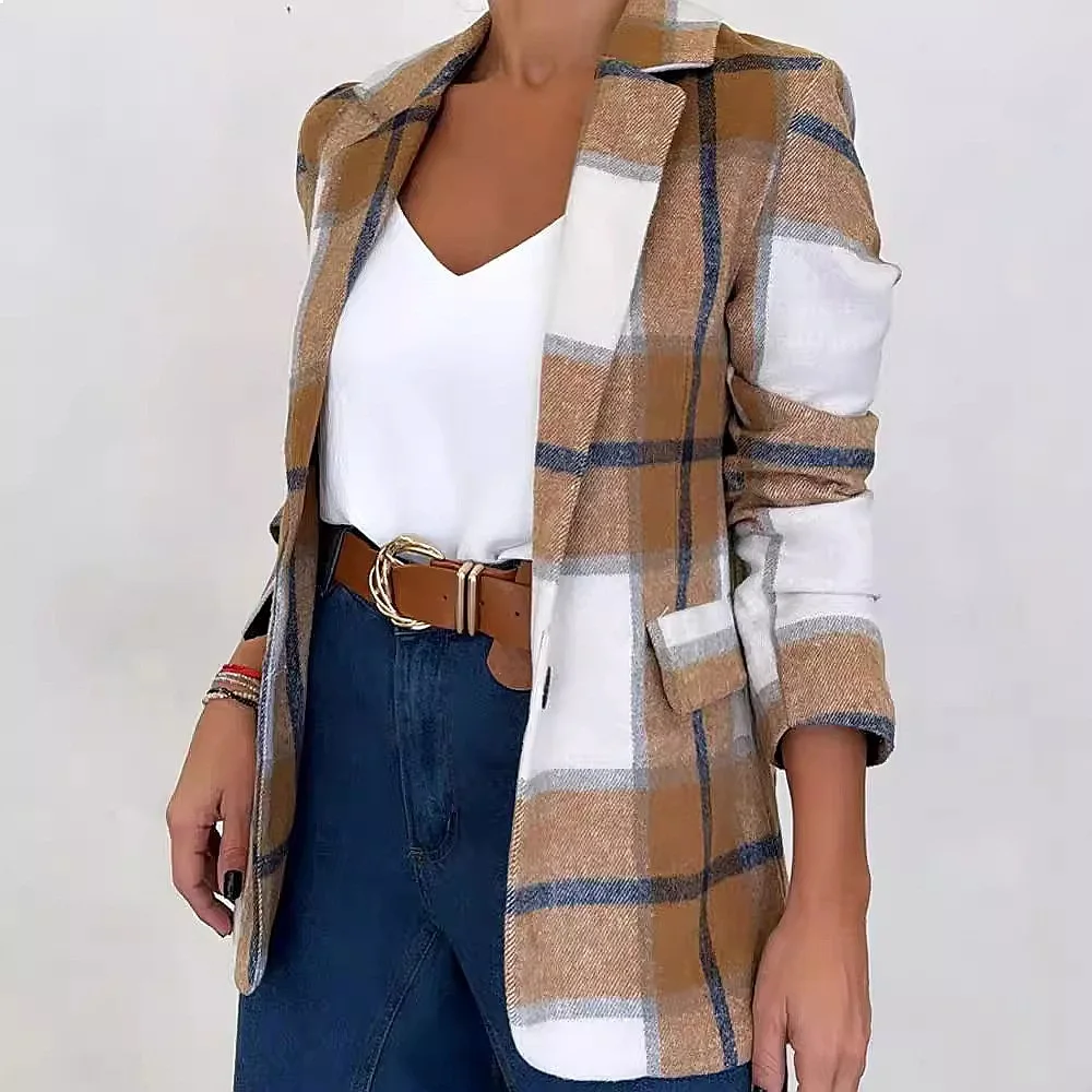 Women Blazer Coat Plaid Woolen Outerwear Casual Suit Collar Single Breasted Jackets Coats Spring Summer