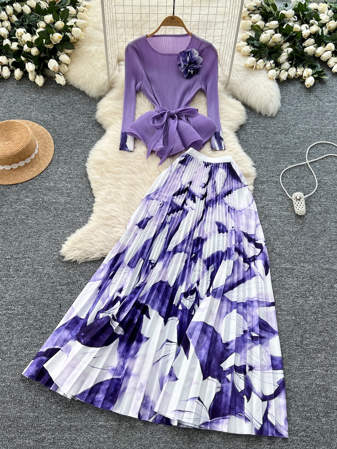 

Retro Pleated High Waist Asymmetrical Flower 3D Print Slimming Top f-length Skirt Faionable Ensemble for Young Women