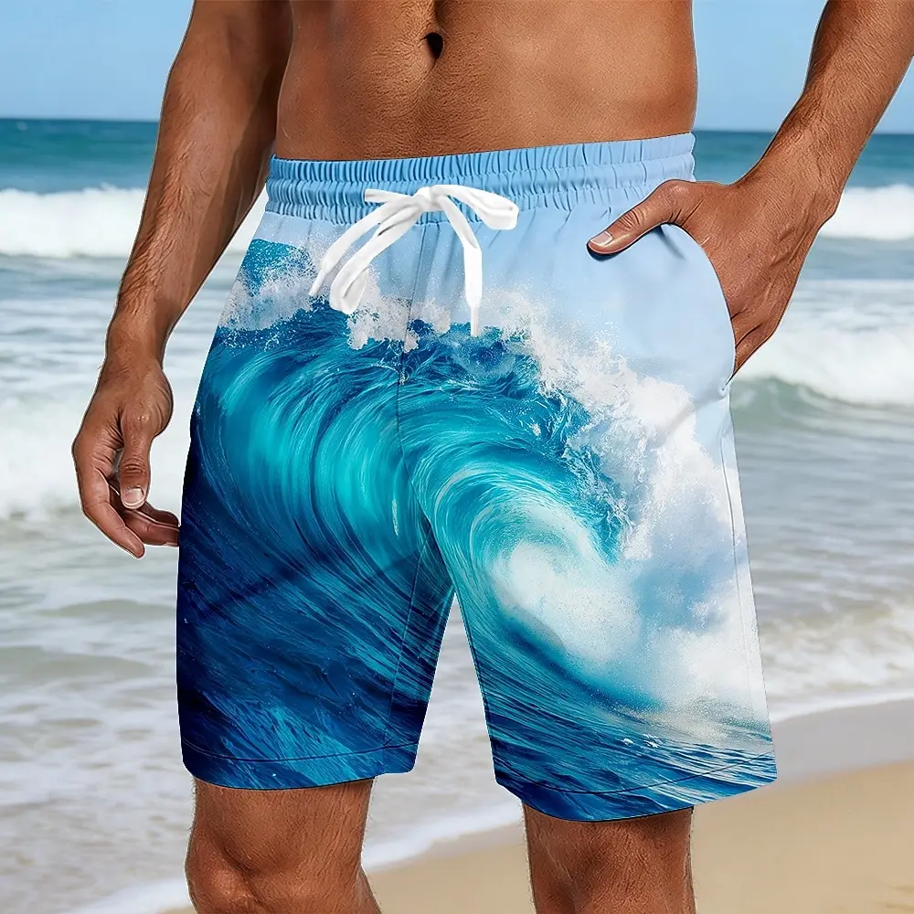 

Мужские шорты с принтом морских волн, средней посадкой, эластичным поясом на шнурке, боковыми карманами, в гавайском пляжном стиле для весны и лета