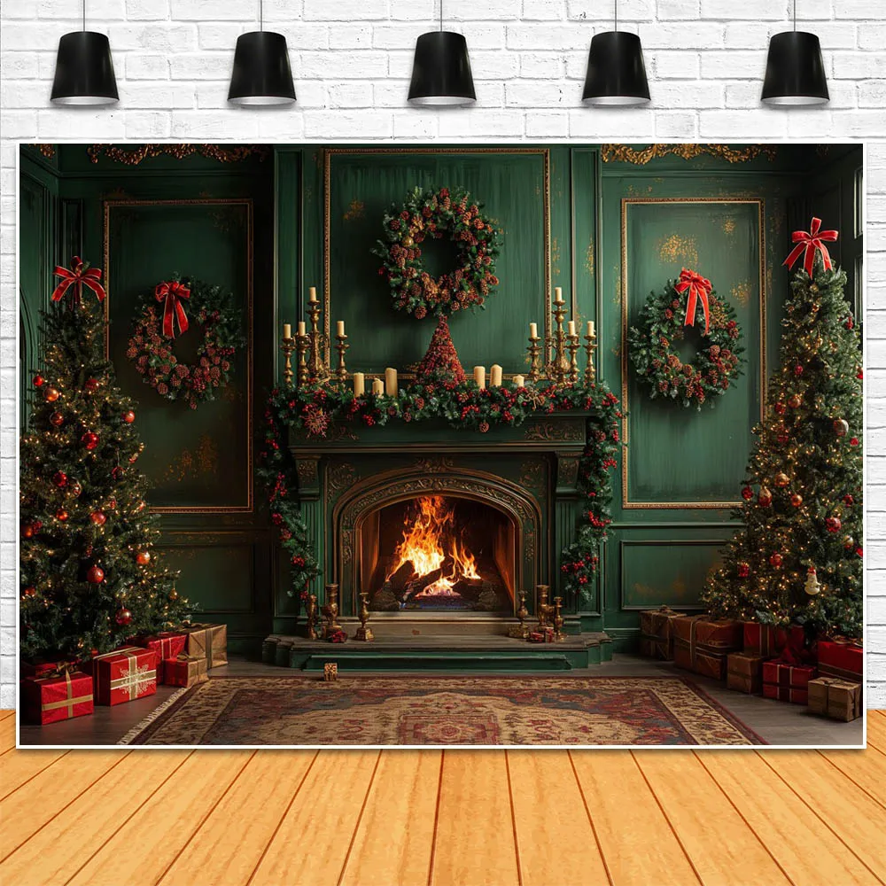 Mocsicka Christmas Green Vintage Wall Family Portrait Background Interior Xmas Decoration Fireplace Xmas Tree Photocall Backdrop