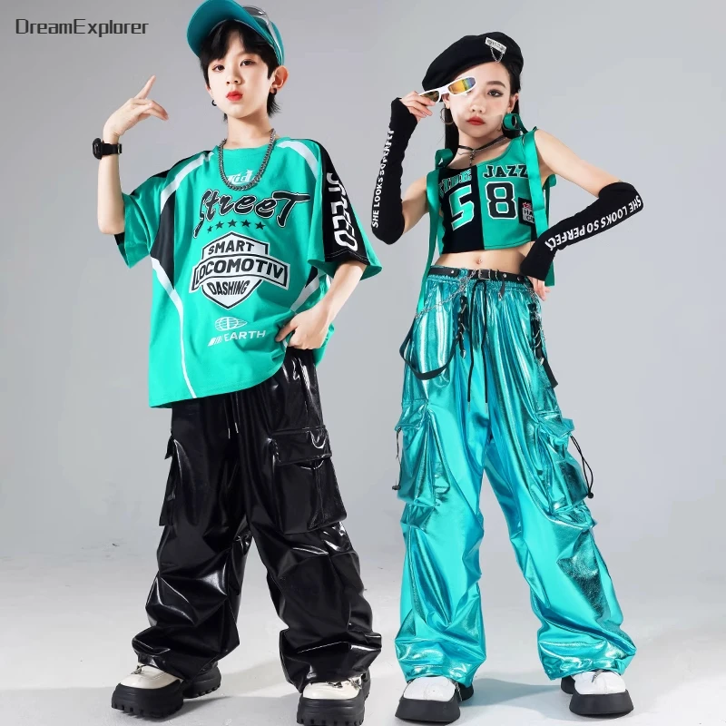 Hip Hop Boys Fashion T-shirt Shiny PU Leather Cargo Pants Girls Crop Top Kids Street Dance Streetwear Children Jazz Clothes Sets