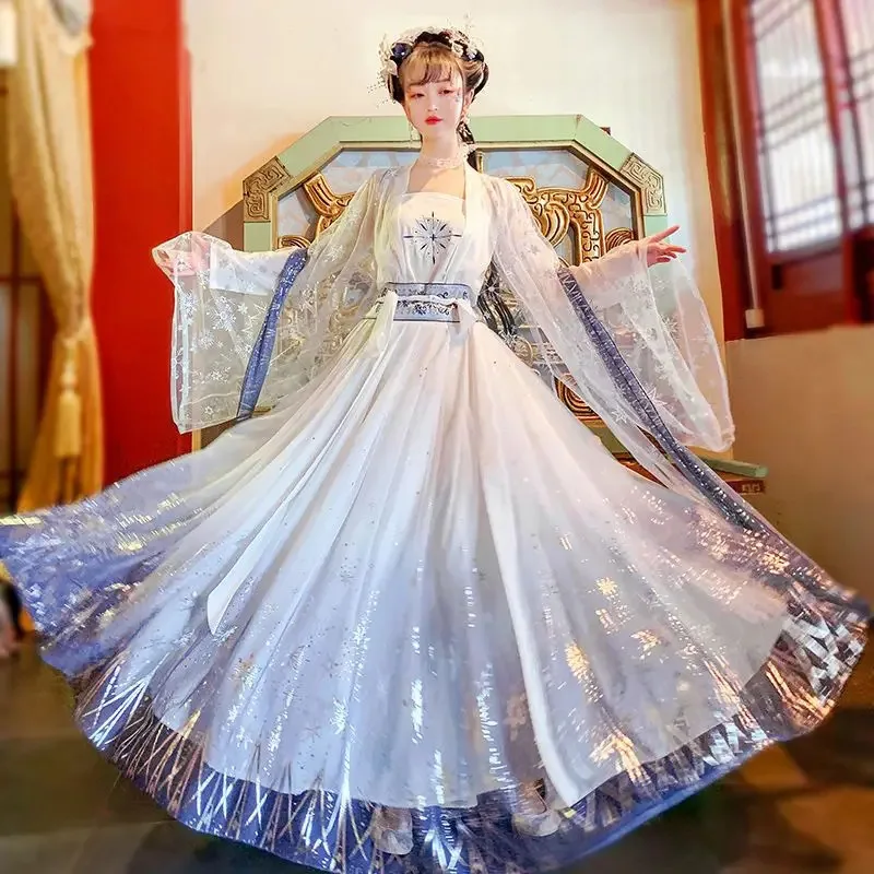 

Chinese hanfu dress women carnival costume ancient hanfu sets white blue dance dress plus size XL