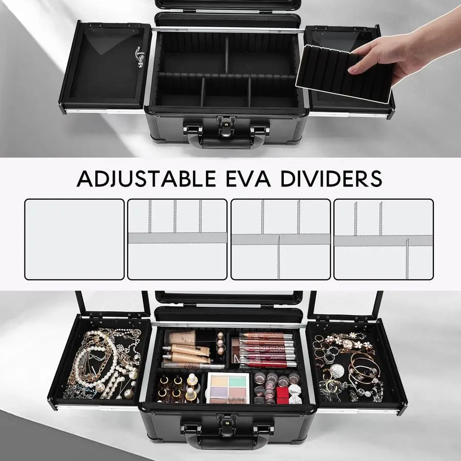 Étui avec miroir éclairé par LED 11,2 pouces, étui de voyage pour maquillage, luminosité réglable en 3 couleurs, organisateur de cosmétiques, magasin d'artiste