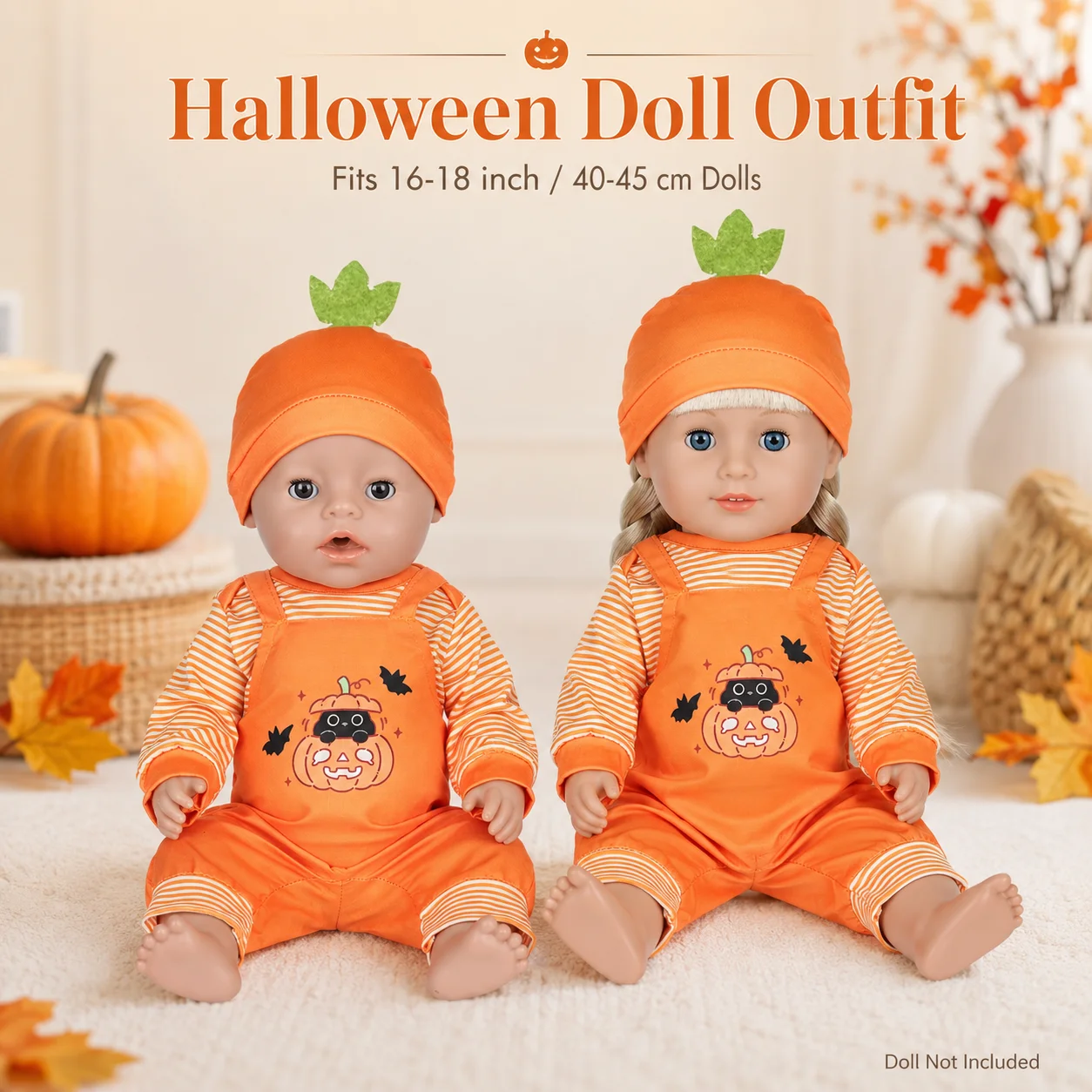 Halloween Doll Clothes 3PCS Set for 16-18 Inch Reborn Baby Doll Pumpkin Outfit Hat Top Overalls for 40-45cm Doll Toys Girls Gift