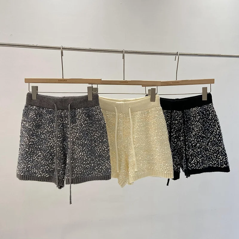 

Glitter Knitted Casual Shorts Women 2024 Autumn Korean Edition Sweet Versatile High Waist Lace Up A-line Grey Wide Leg Pants