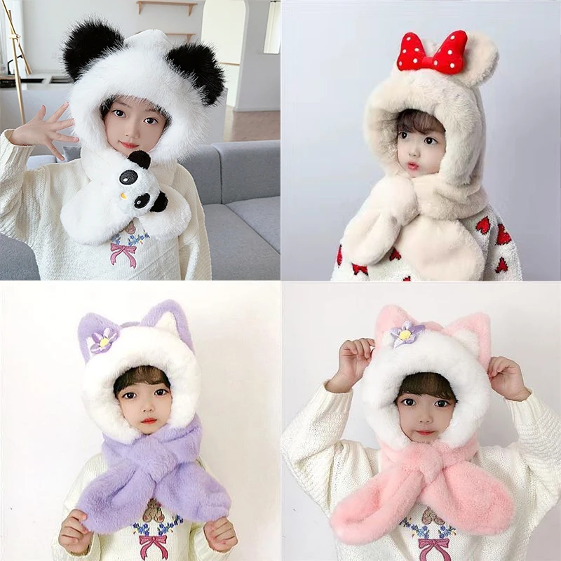 

Winter Baby Hat Scarf Set Thickened Fleece Warm Ear Protection Cap Boys Girls Toddler Newborn Soft Plush Integrated Beanie Scarf
