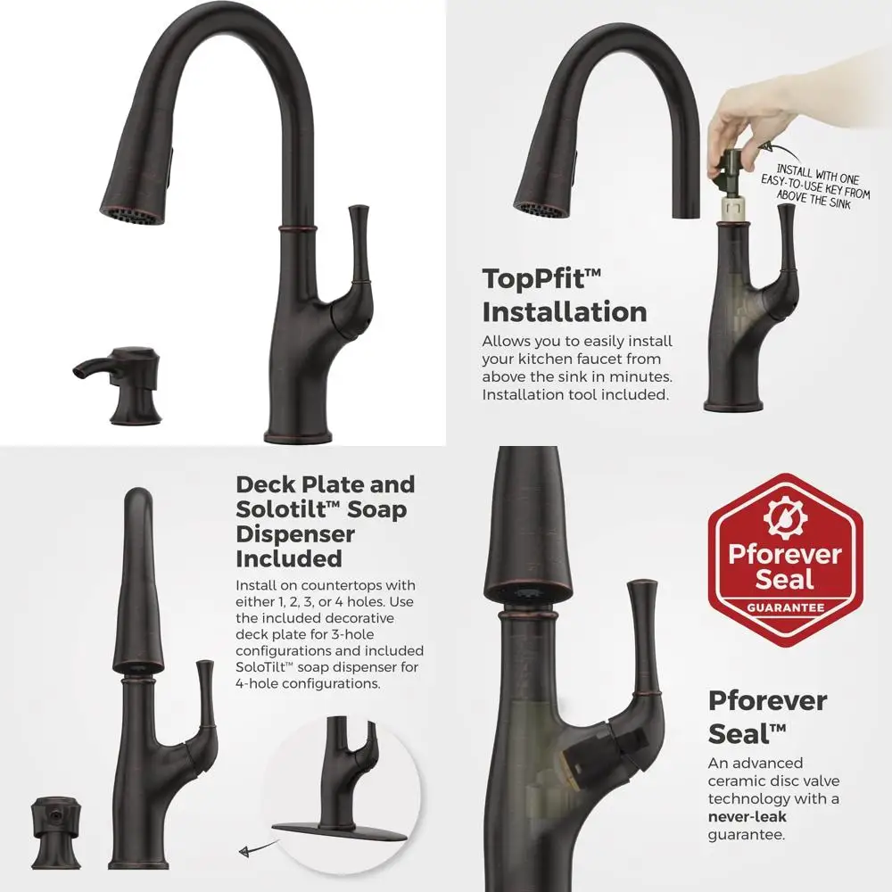 

Кухонный смеситель Pfister Alderwood с выдвижным распылителем и дозатором мыла, одной ручкой, сертифицированным NSF, отделкой из тосканской бронзы,