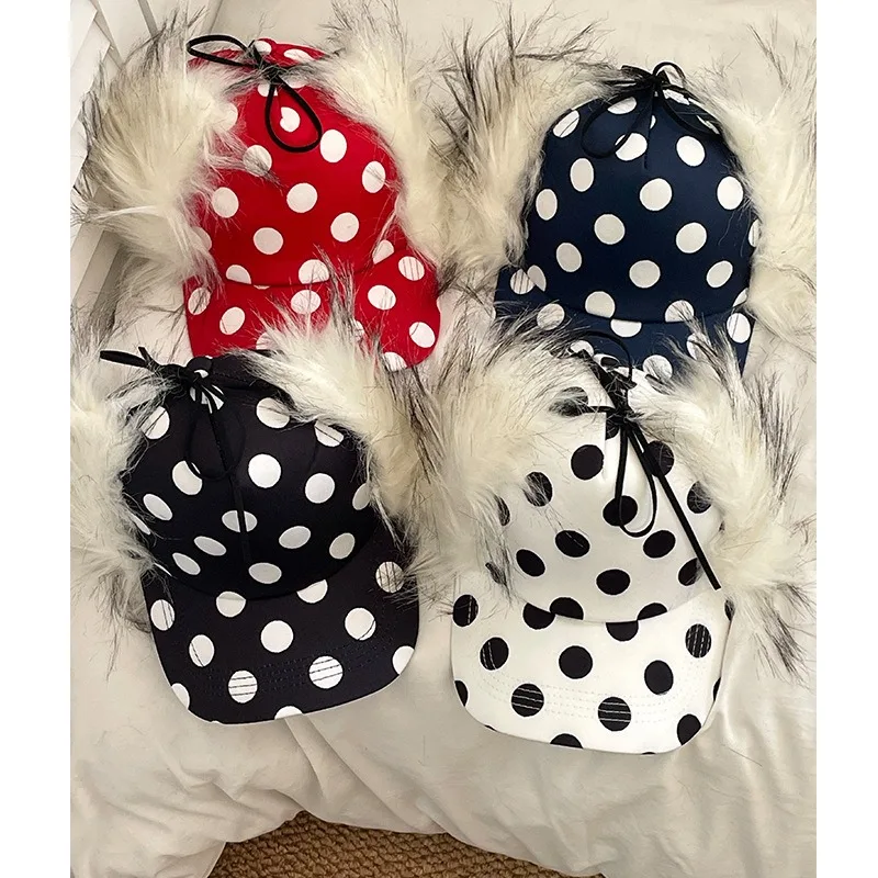 

Korean Niche Straps Imitation Fur Flanged Flying Hat Winter Trend Polka Dot Print Thermal Ear Protection Baseball Caps for Women