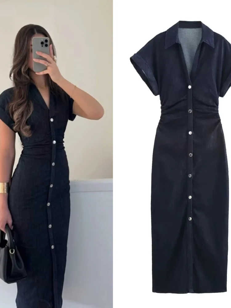 

2025 Spring New 1975 Series Denim Midi Dress With Lapel Side Zipper Fashion Wrinkle Waist Slim Elegant Dress