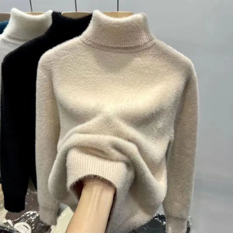Suéter de cuello alto para mujer, Top de visón sintético para mujer, camisas de fondo cálidas y gruesas de felpa sólida, prendas de punto básicas, jerséis térmicos