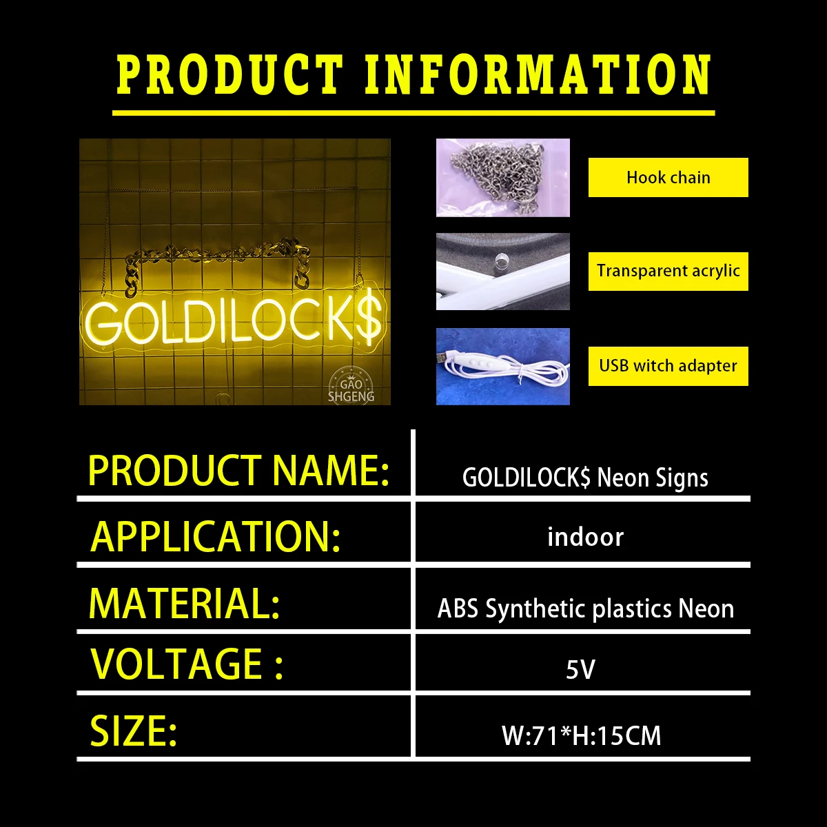 GOLDILOCK-Lâmpada de néon personalizada para decoração de quartos, cafeterias, cafeterias, companhia de seguros, atmosfera de fabricação