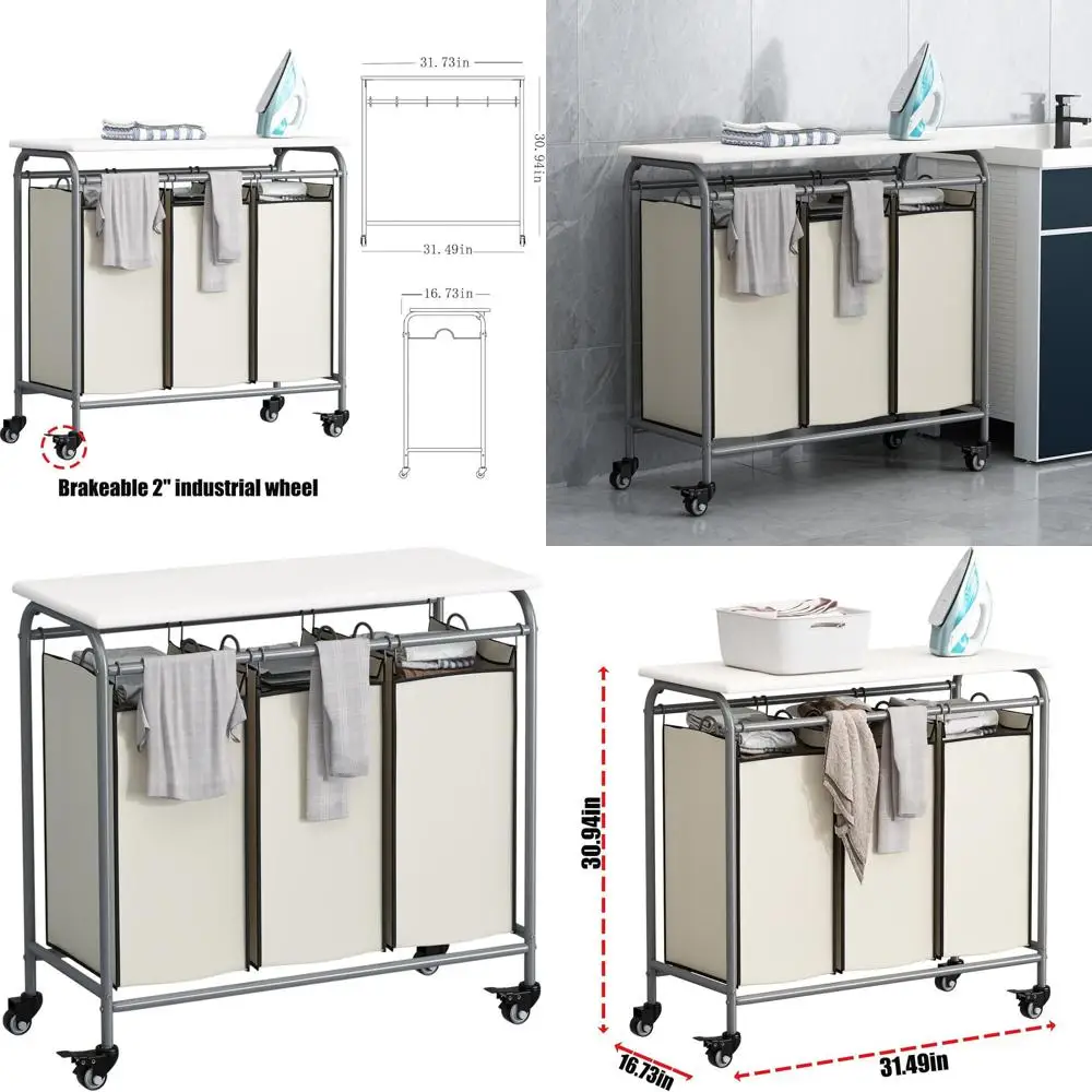 

Сверхмощный сортировщик белья на колесиках с запираемыми колесами, гладильной доской и съемными сумками, бежевый