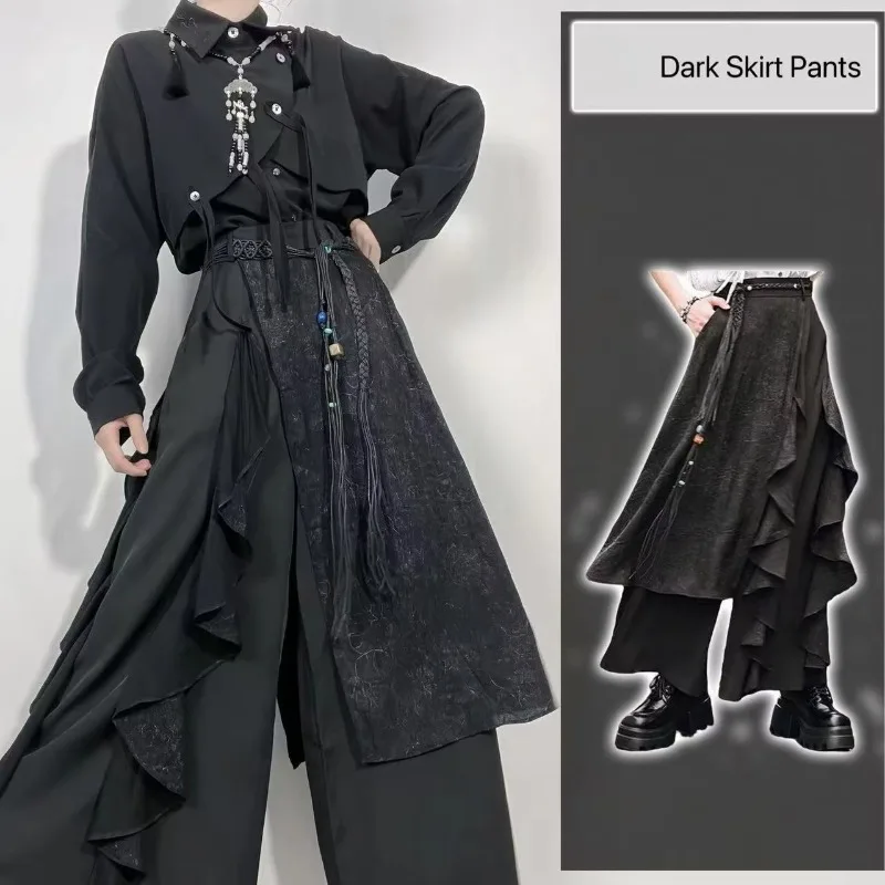 Men Women Dark Black New Chinese Style Wide Leg Pants Patchwork Double Layer Vintage Culotte