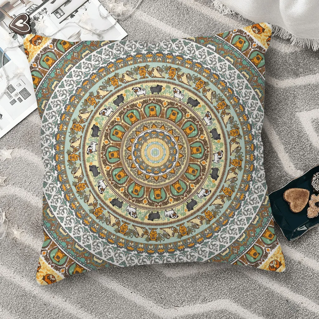 

Pug Yoga Medallion Mandala Polyester Cushion Cover For Sofa Chair Decorative Soft Hug Pillowcase