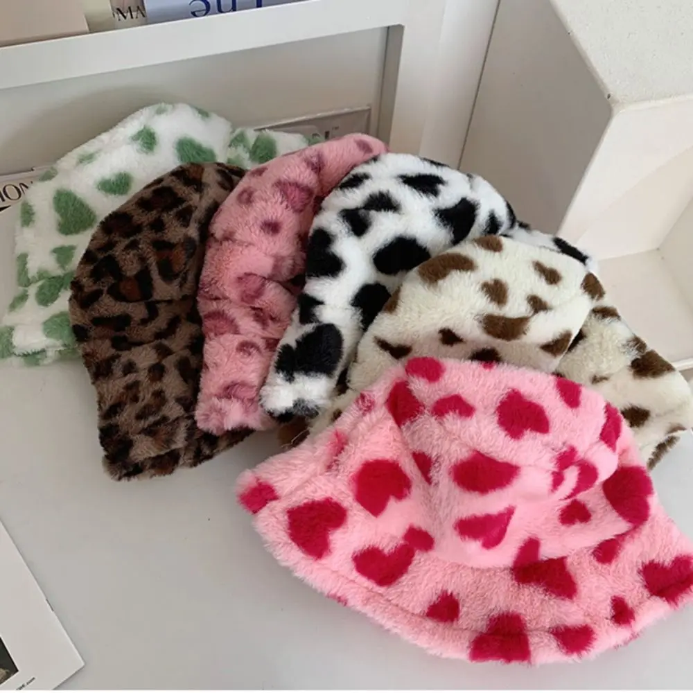 Korea Pink Wool Bucket Hats Women Autumn Winter Thickened Warm Love Heart Basin Hat Female Ins Caring Plush Fisherman Hat Gifts