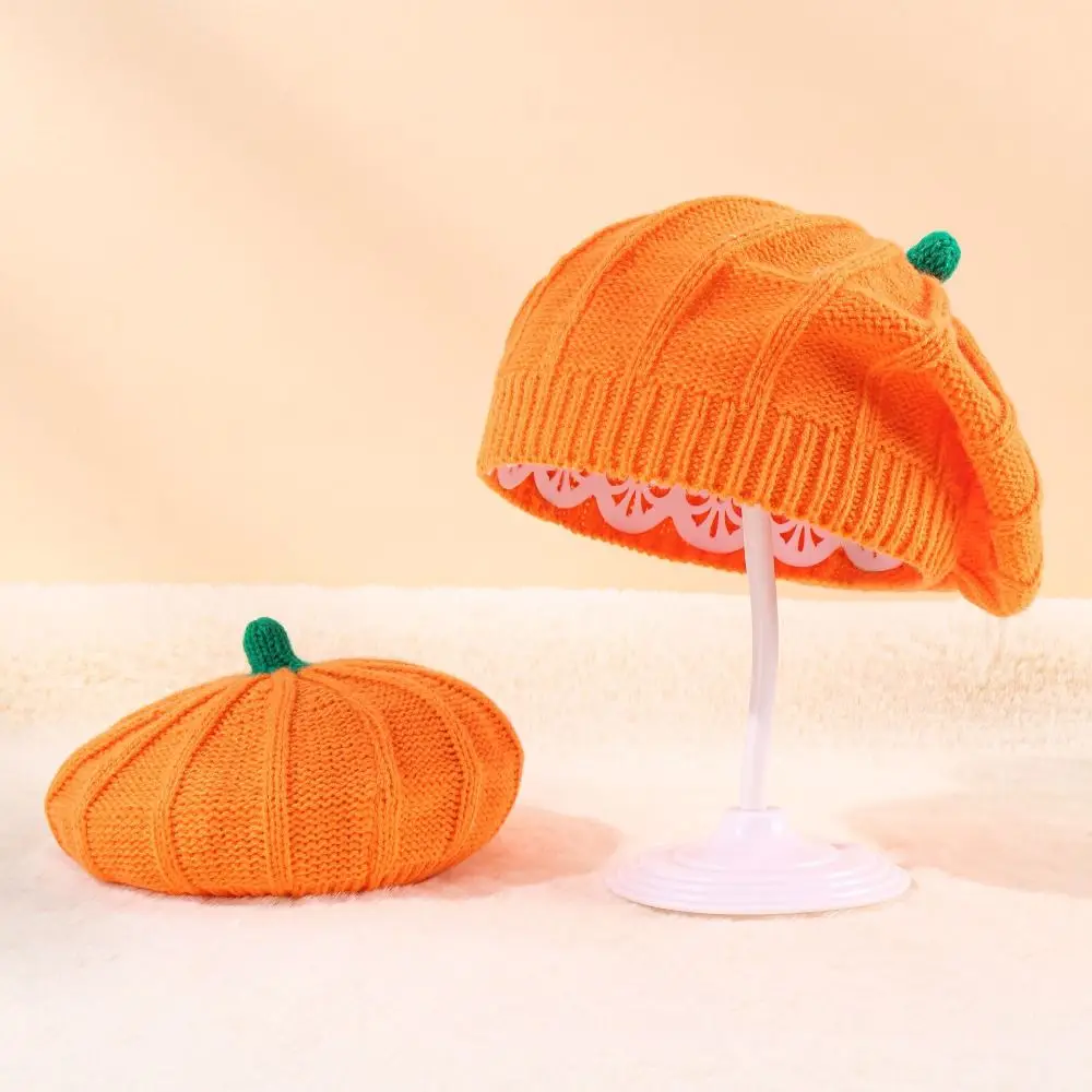 Niedliche orangefarbene Kürbis-Baskenmütze, Malermütze, achteckige Mütze, Strickmütze, Zeitungsjungenmütze, warm halten, Eltern-Kind-Mütze für Damen