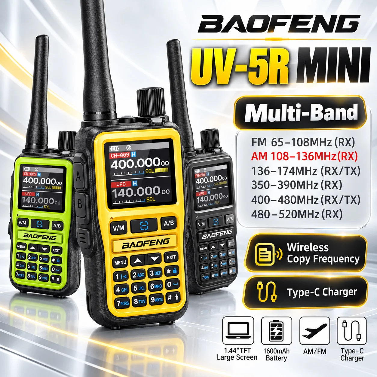 Baofeng UV 5RMini Dual Band Dual PTT Walkie Talkie VOX FM Amateur Radio Type-C Charge，Bluetooth Connection One-Button Frequency