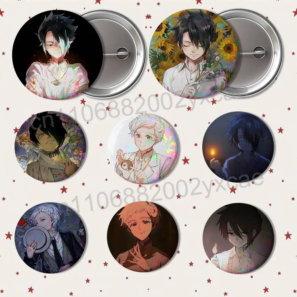 Norman Ray Promised Neverland Laser reflective round badges pins bag clothing decorations collectibles gifts for friends