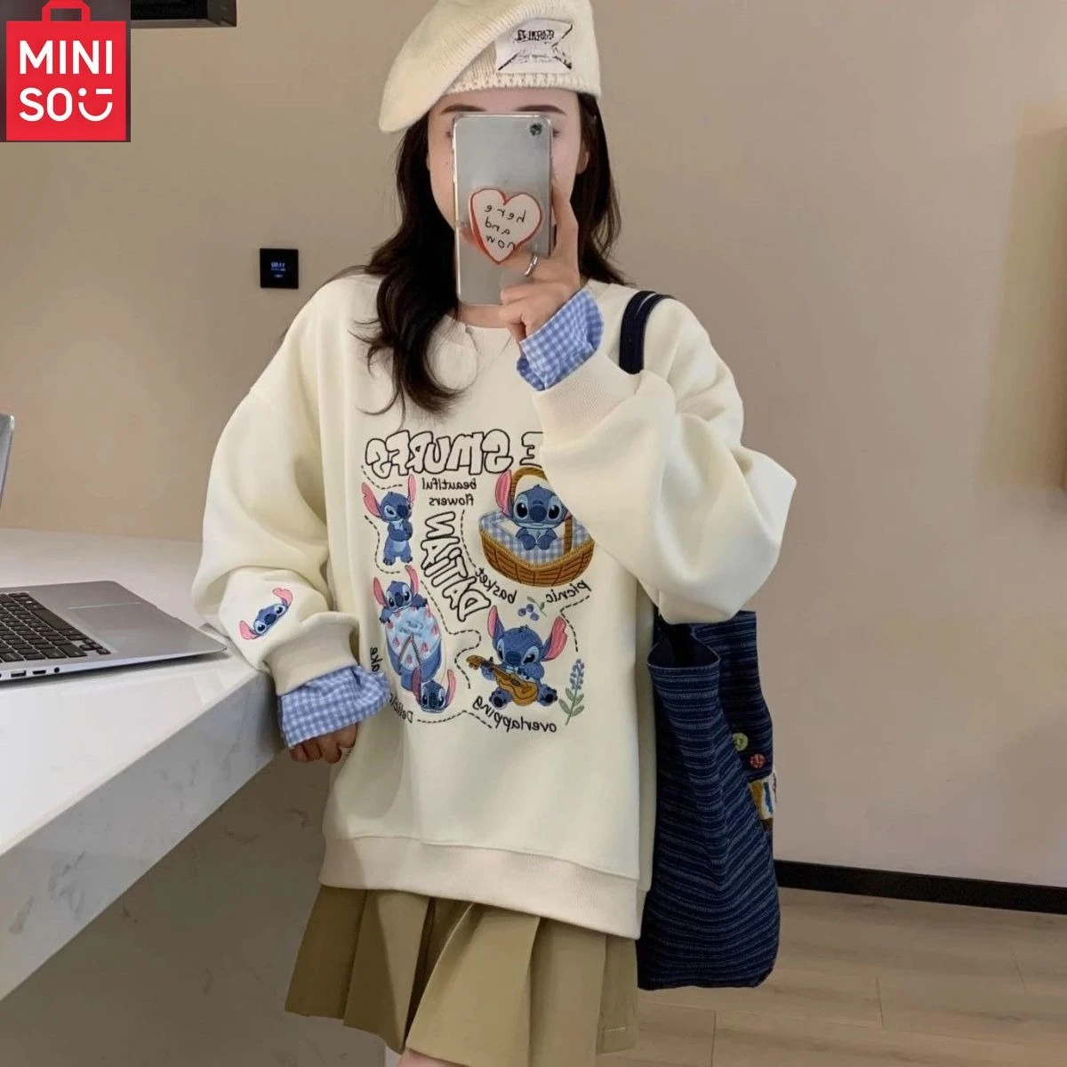 

MINISO Cartoon Embroidered Round Neck Sweatshirt | Unisex Korean Style Loose Fit Pullover