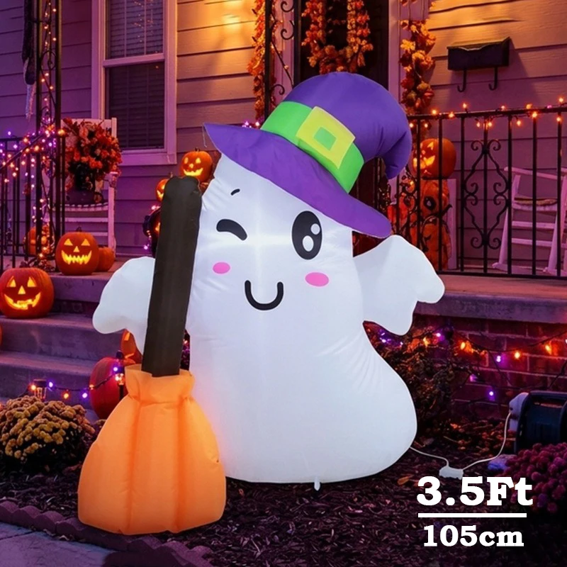 105cm Outdoor Holiday Props Halloween Inflatable Broom Wizard Hat White Ghost LED Luminous Courtyard Lawn Garden Decor Ornaments