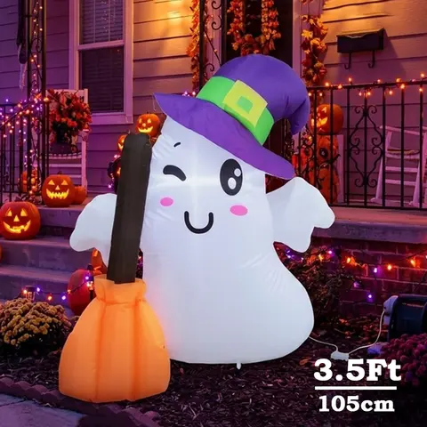 105cm Outdoor Holiday Props Halloween Inflatable Broom Wizard Hat White Ghost LED Luminous Courtyard Lawn Garden Decor Ornaments