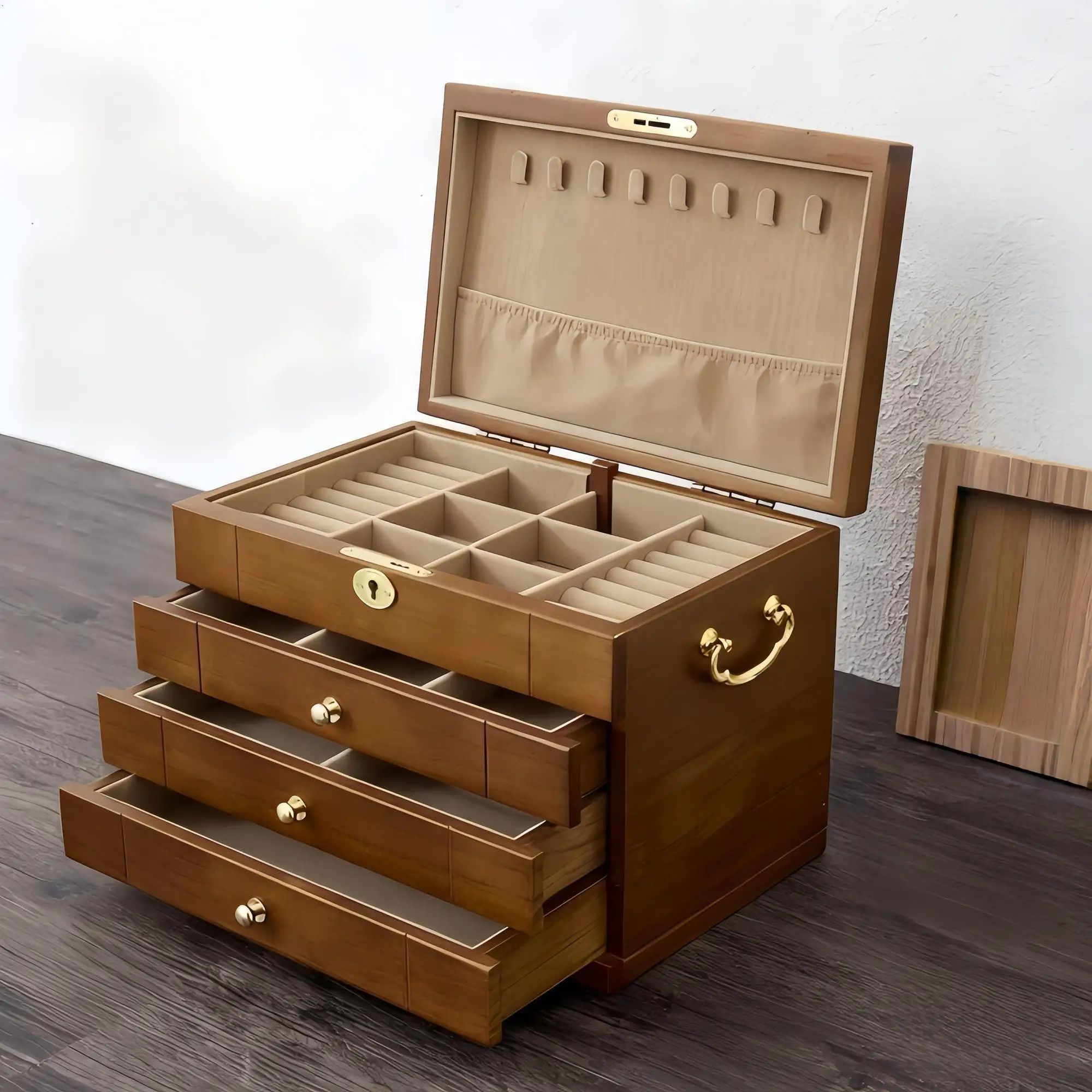 High-End Wooden Jewelry Box Large Capacity Lockable Wedding Accessories Storage Box Real Wood New Model Elegant Design