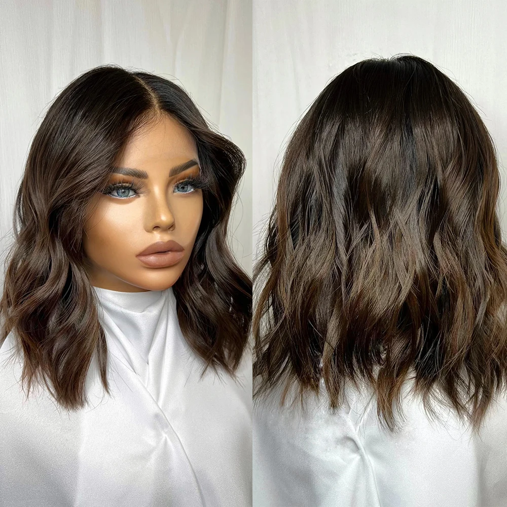 Natural Look Balayage Brown Honey Blonde Highlights Synthetic Short Wig for Women Lace Front Bob Layered Cut Glueless Hair