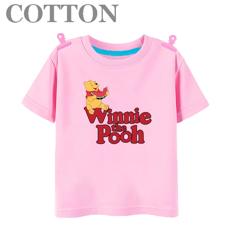 Disney Anime Winnie the Pooh Summer Fashion All Cotton Anime Children's T-shirt Round Neck Casual Short Sleeve Printed Pattern